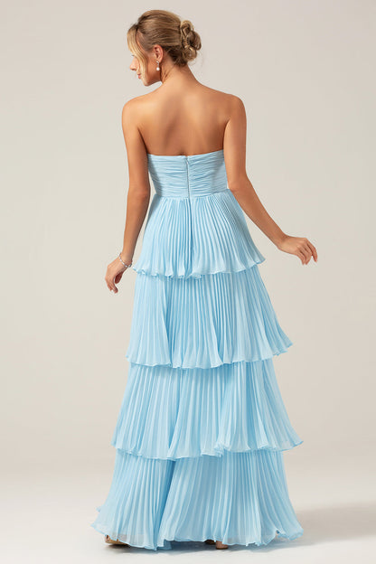 Flowy Chiffon Dusty Blue Sweetheart Tiered Long Bridesmaid Dress