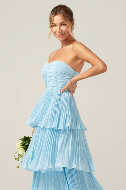 Flowy Chiffon Dusty Blue Sweetheart Tiered Long Bridesmaid Dress