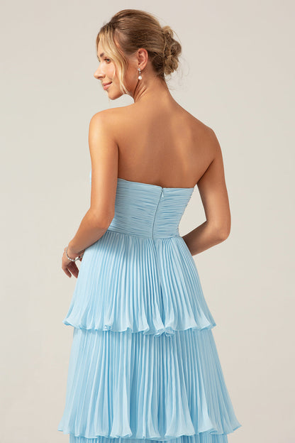 Flowy Chiffon Dusty Blue Sweetheart Tiered Long Bridesmaid Dress