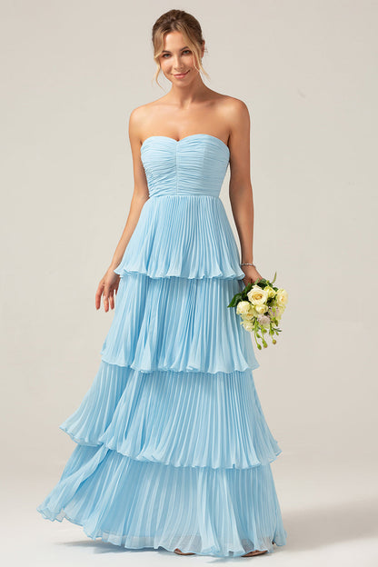 Flowy Chiffon Dusty Blue Sweetheart Tiered Long Bridesmaid Dress
