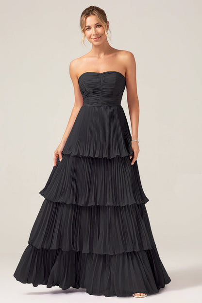 Flowy Chiffon Dusty Blue Sweetheart Tiered Long Bridesmaid Dress