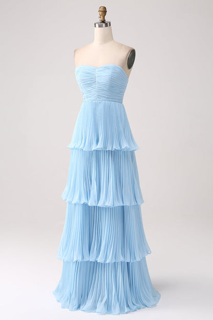 A-Line Sweetheart Lilac Tiered Chiffon Long Bridesmaid Dress with Pleated