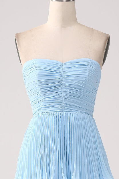 Strapless Sky Blue Prom Dress with Pleated