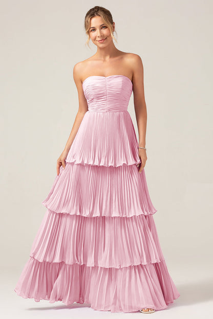 Flowy Chiffon Dusty Blue Sweetheart Tiered Long Bridesmaid Dress