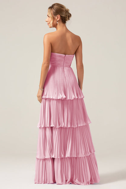 Flowy Chiffon Dusty Blue Sweetheart Tiered Long Bridesmaid Dress