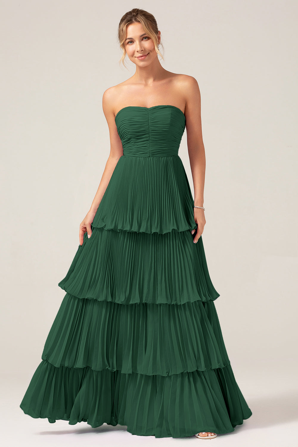 Sky Blue Sweetheart Pleated Tiered Long Bridesmaid Dress