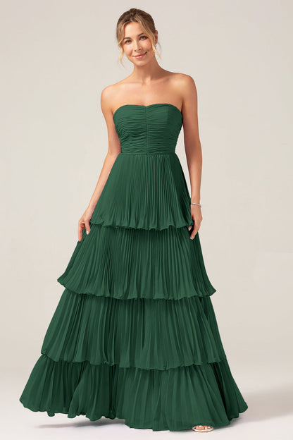 Flowy Chiffon Dusty Blue Sweetheart Tiered Long Bridesmaid Dress