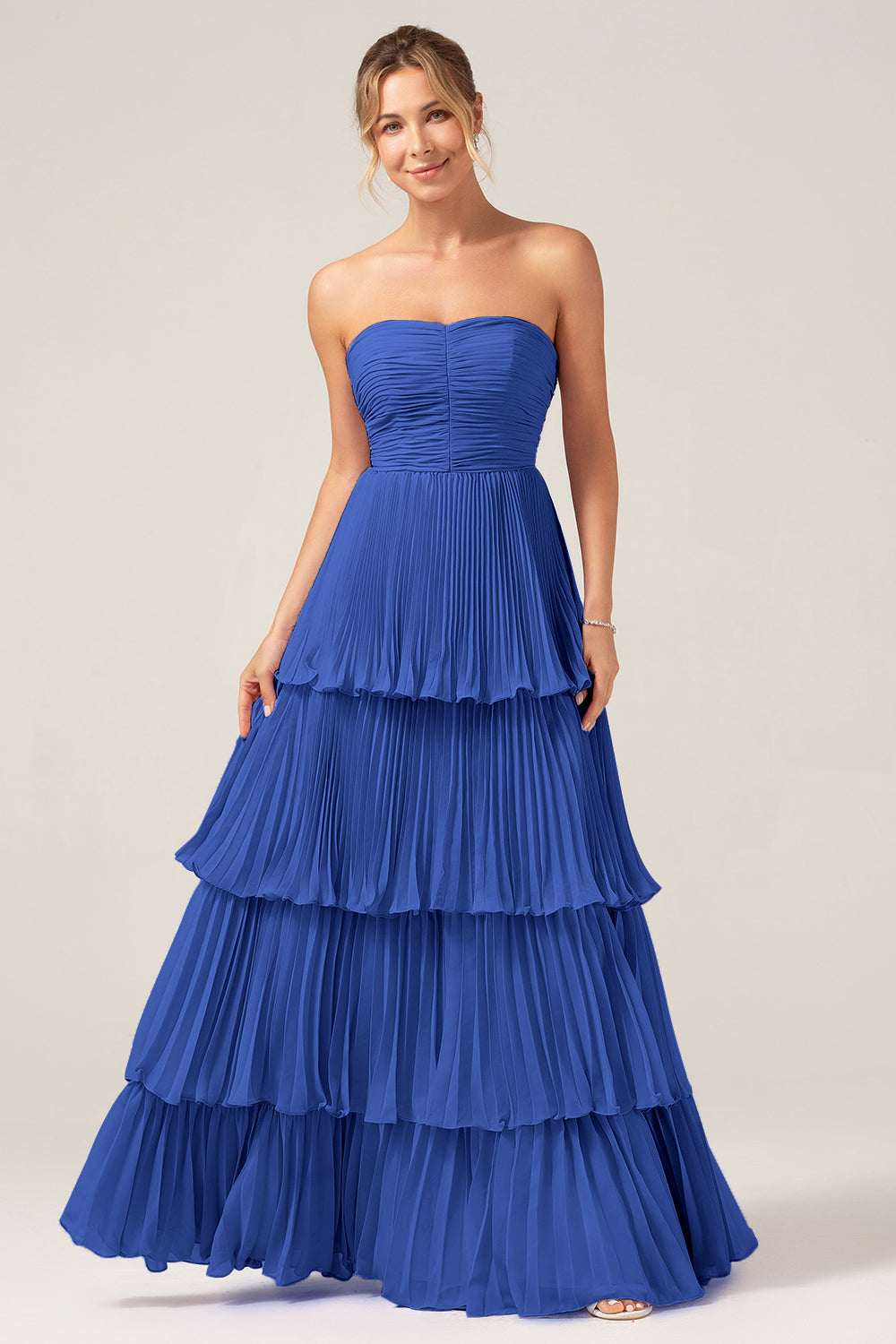 Flowy Chiffon Dusty Blue Sweetheart Tiered Long Bridesmaid Dress