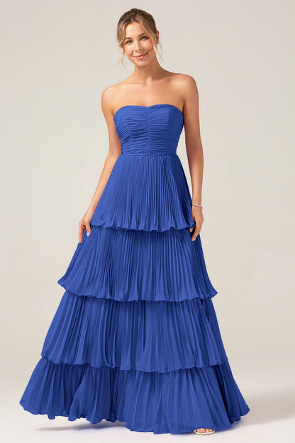 Flowy Chiffon Dusty Blue Sweetheart Tiered Long Bridesmaid Dress