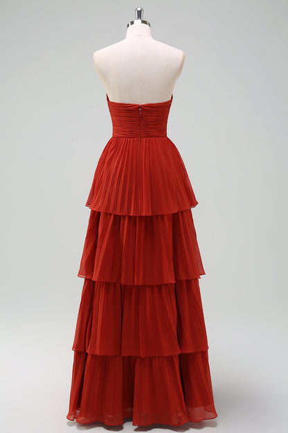 Flowy Chiffon Dusty Blue Sweetheart Tiered Long Bridesmaid Dress