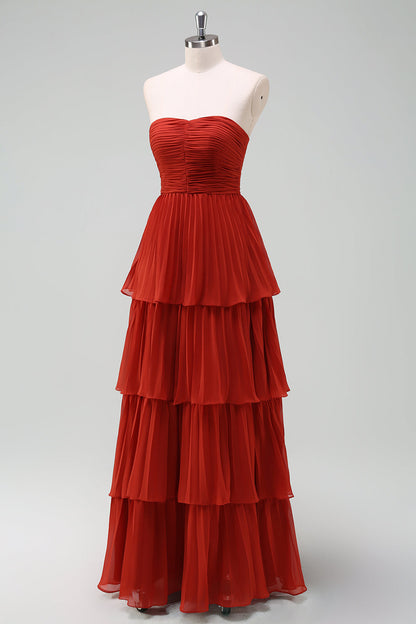 Flowy Chiffon Dusty Blue Sweetheart Tiered Long Bridesmaid Dress