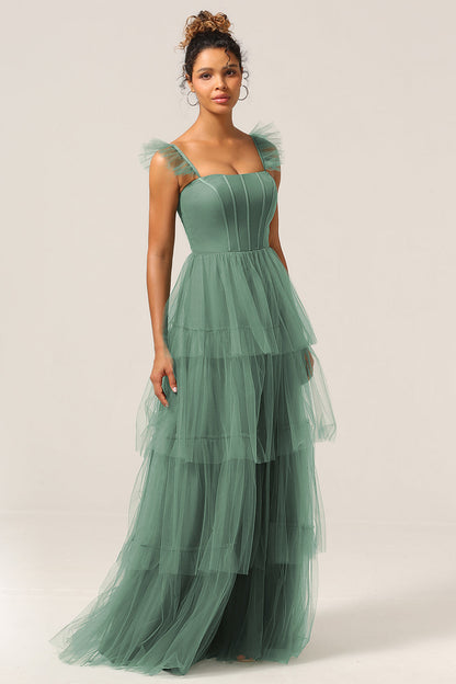 Detachable Straps A Line Navy Tiered Long Bridesmaid Dress