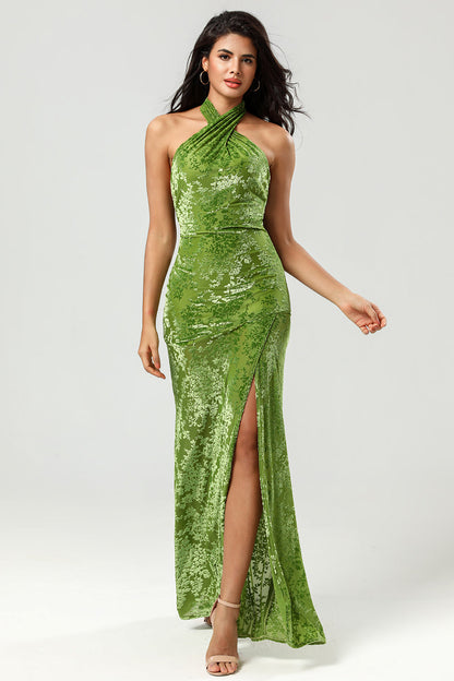 Velvet Halter Olive Holiday Party Dress