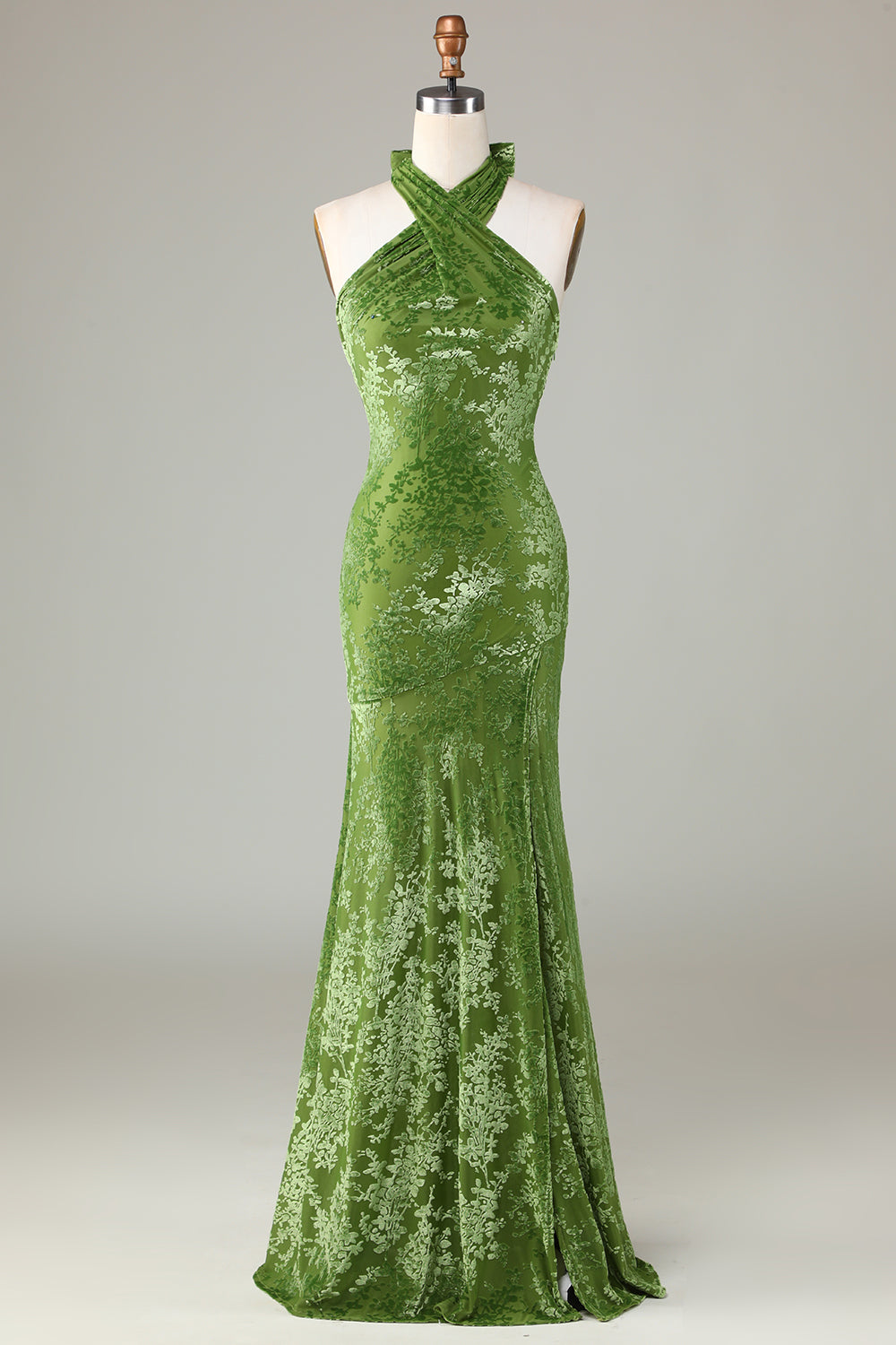 Confidently Charismatic Mermaid Halter Neck Olive Velvet Holiday Party Dress