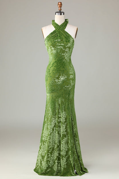 Confidently Charismatic Mermaid Halter Neck Olive Velvet Holiday Party Dress