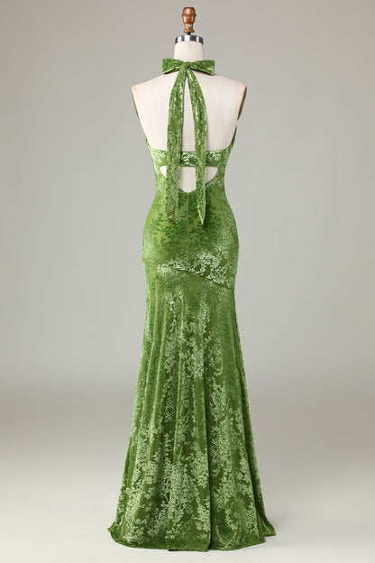 Confidently Charismatic Mermaid Halter Neck Olive Velvet Holiday Party Dress