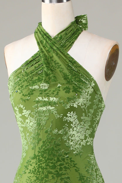 Velvet Halter Olive Holiday Party Dress
