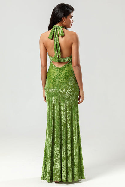 Confidently Charismatic Mermaid Halter Neck Olive Velvet Holiday Party Dress