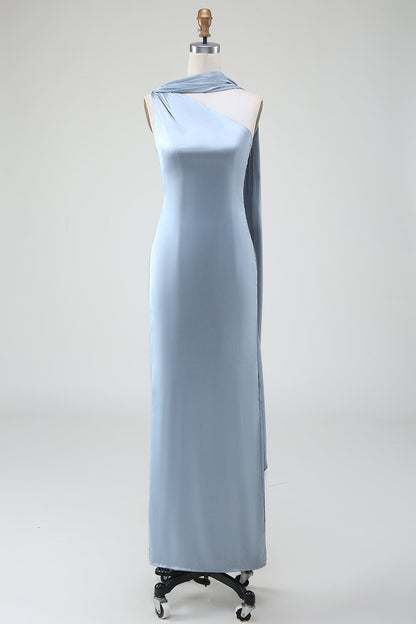 Sheath One Shoulder Satin Long Blue Bridesmaid Dress