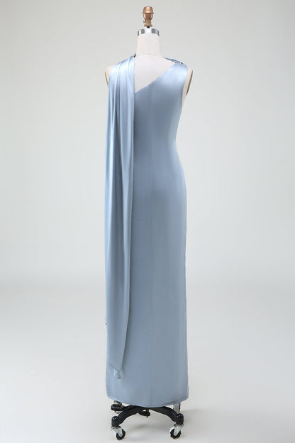 Sheath One Shoulder Satin Long Blue Bridesmaid Dress