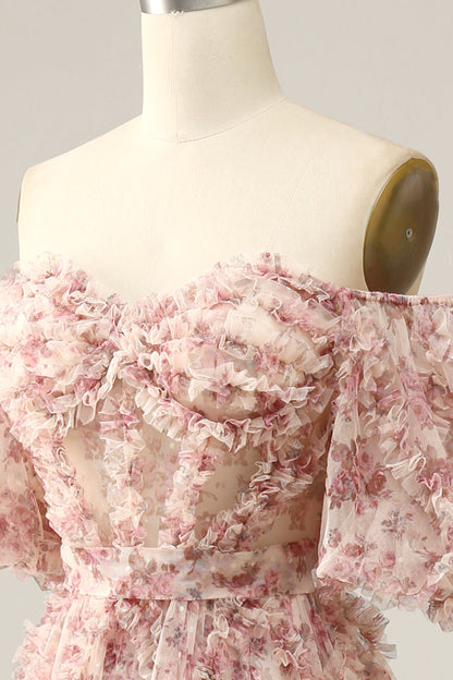 Plus Size Floral Ivory Red Off The Shoulder Long Prom Dress