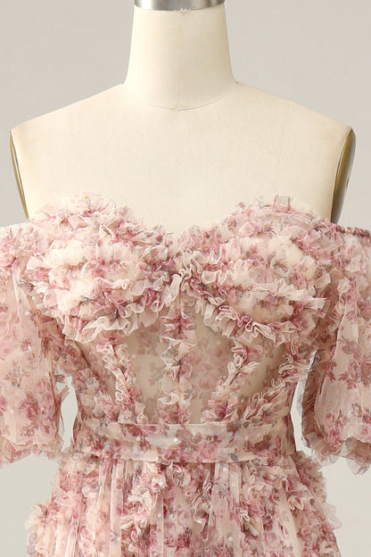 Plus Size Floral Ivory Red Off The Shoulder Long Prom Dress