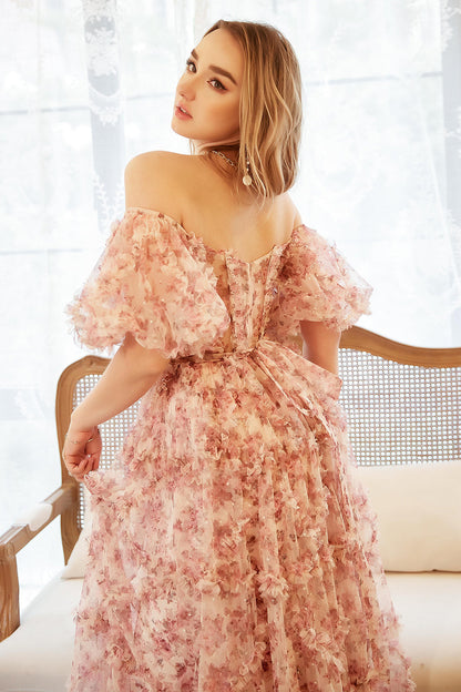 A Line Off the Shoulder Ivory Red Flower Plus Size Prom Dress