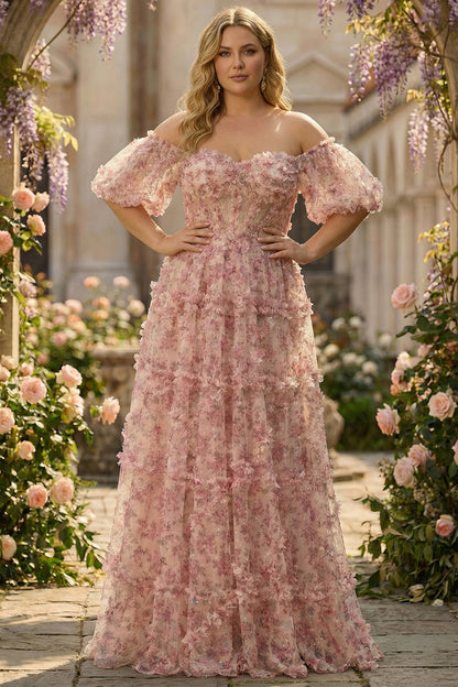 Plus Size Floral Ivory Red Off The Shoulder Long Prom Dress