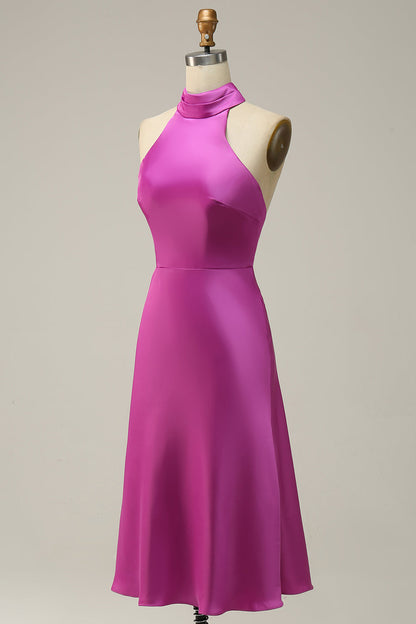 Sheath Halter Neck Fuchsia Satin Bridesmaid Dress