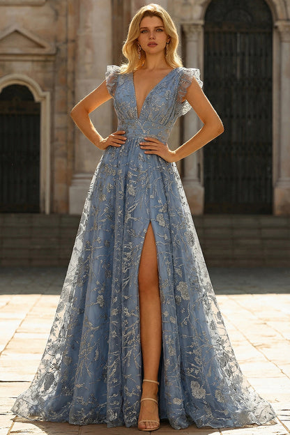 A Line Deep V Neck Grey Blue Plus Size Prom Dress with Embroidery