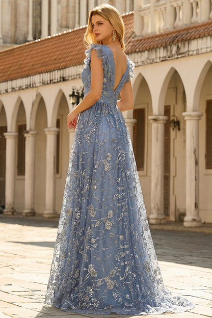 A Line Deep V Neck Grey Blue Plus Size Prom Dress with Embroidery