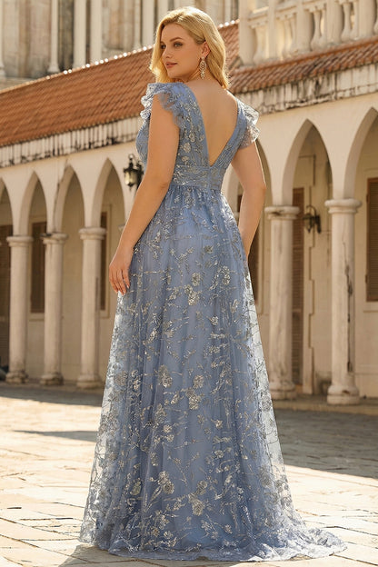 A Line Deep V Neck Grey Blue Plus Size Prom Dress with Embroidery