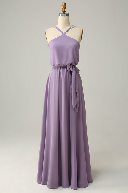 A Line Halter Yellow Long Bridemaid Dress with Bowknot
