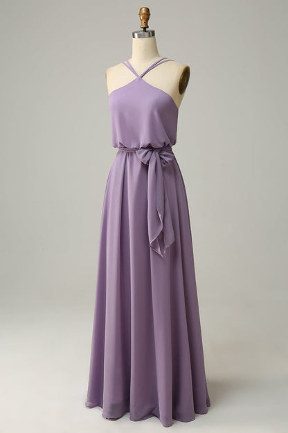 A Line Halter Yellow Long Bridemaid Dress with Bowknot