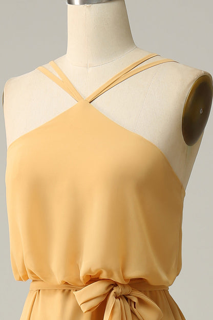 A Line Halter Yellow Long Bridemaid Dress with Bowknot