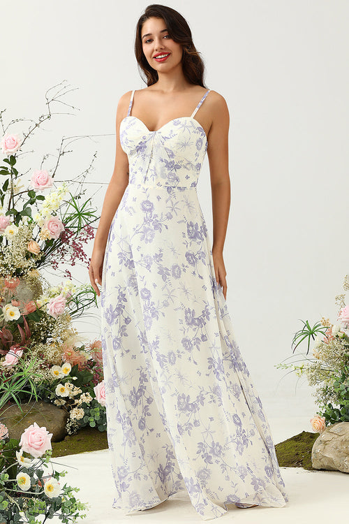 Spaghetti Straps Purple Floral Long Bridesmaid Dress