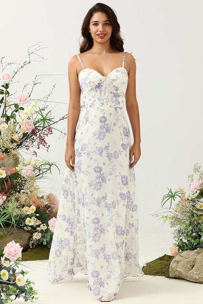 Spaghetti Straps Purple Floral Long Bridesmaid Dress
