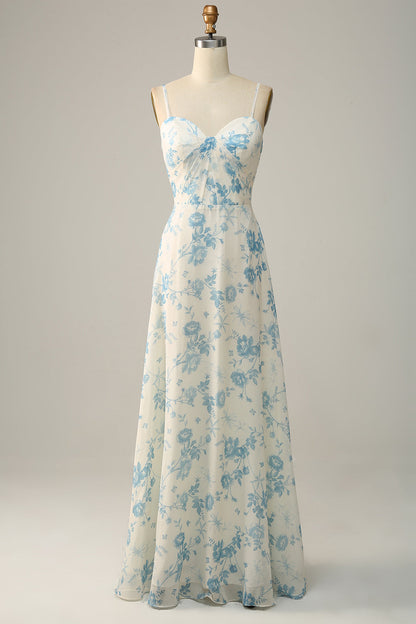 Spaghetti Straps Purple Floral Long Bridesmaid Dress