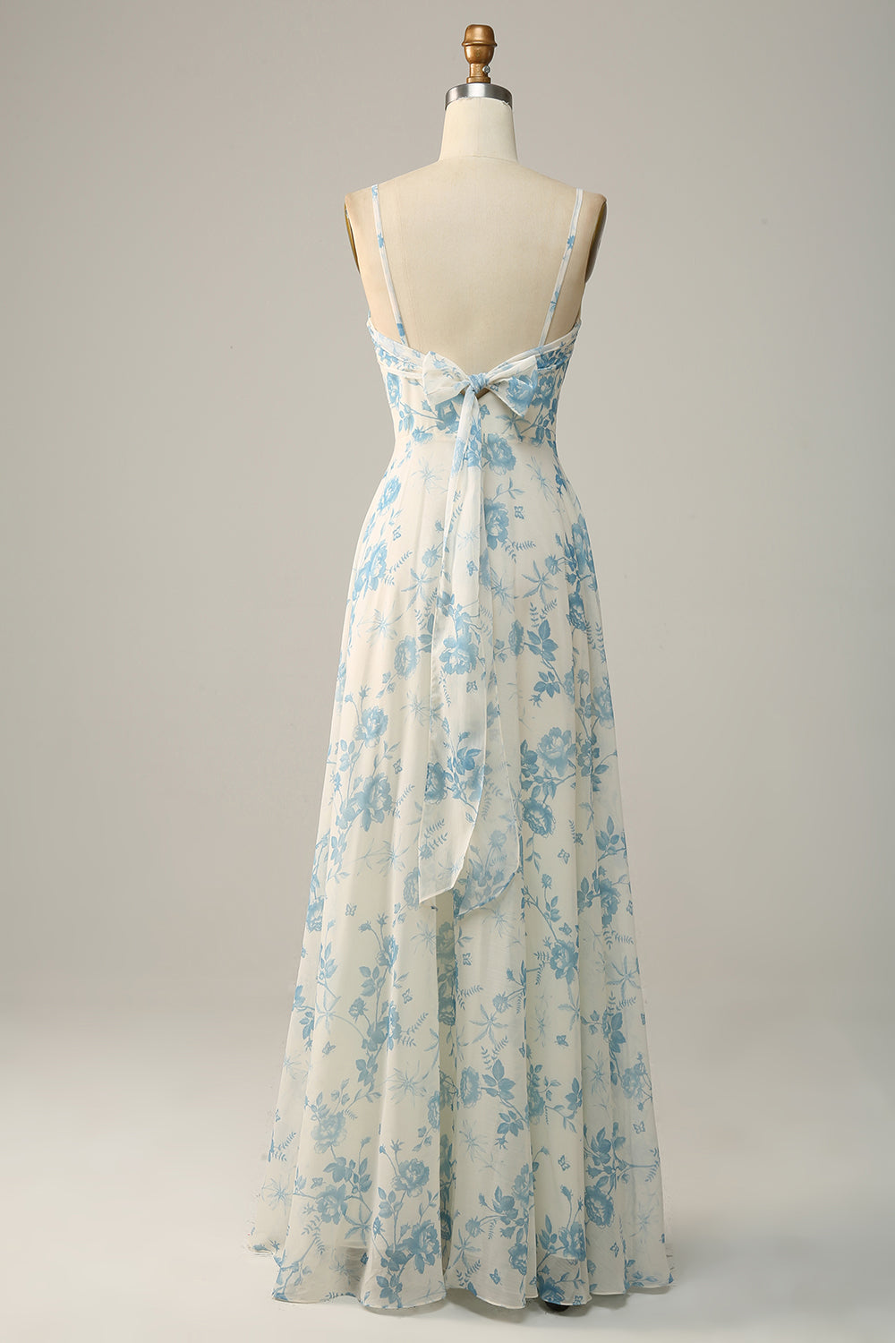 Spaghetti Straps Blue Floral Long Bridesmaid Dress