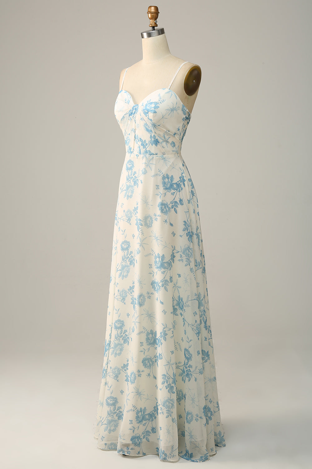 Spaghetti Straps Purple Floral Long Bridesmaid Dress