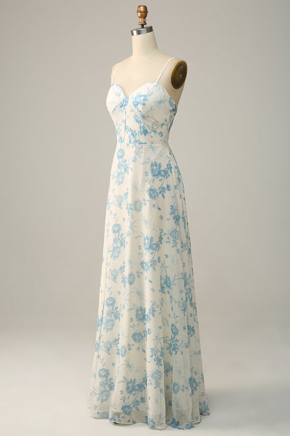 Spaghetti Straps Purple Floral Long Bridesmaid Dress