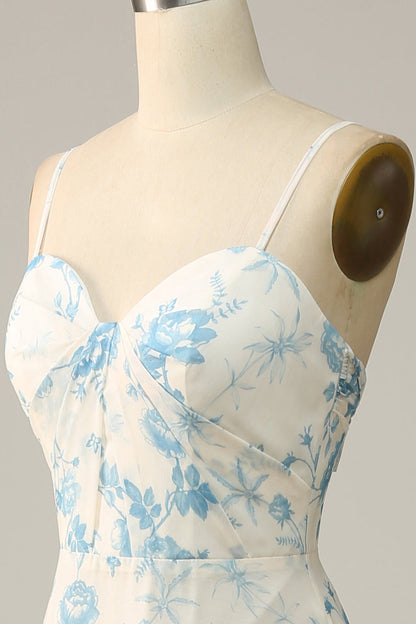 Spaghetti Straps Purple Floral Long Bridesmaid Dress