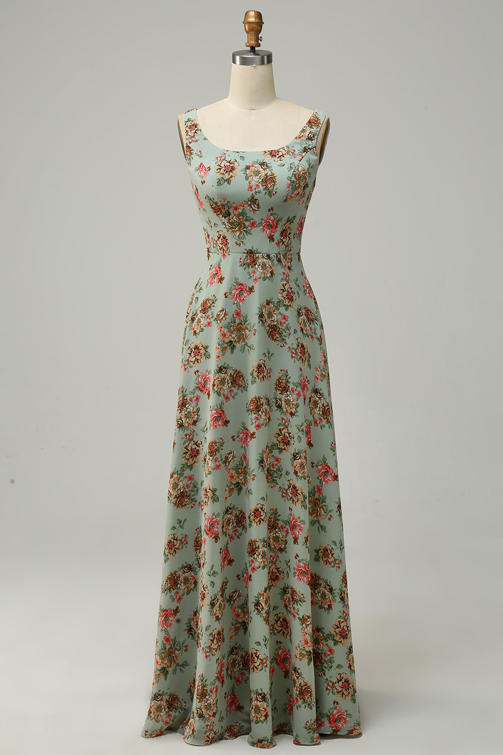 A Line Square Neck Pink Floral Long Bridesmaid Dress with Open Back