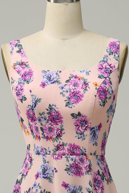 A Line Square Neck Pink Floral Long Bridesmaid Dress with Open Back