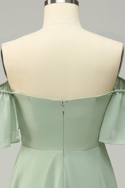 A Line Off the Shoulder Green Bridesmaid Dress with Ruffles