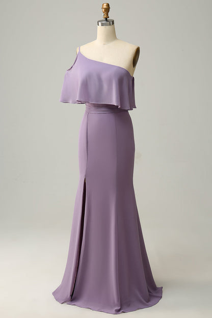 Sheath One Shoulder Purple Plus Size Bridesmaid Dress with Silt