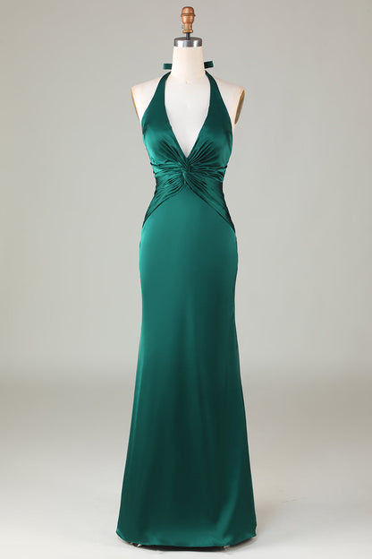 Dusty Sage Satin Sheath Halter Long Bridesmaid Dress