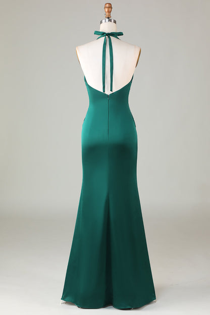 Mermaid Halter Dusty Blue Long Satin Bridesmaid Dress