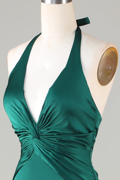 Mermaid Halter Dark Green Long Satin Bridesmaid Dress
