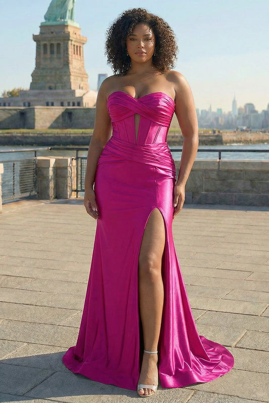 Sparkly Fuchsia Mermaid Plus Size Long Corset Prom Dress with Slit